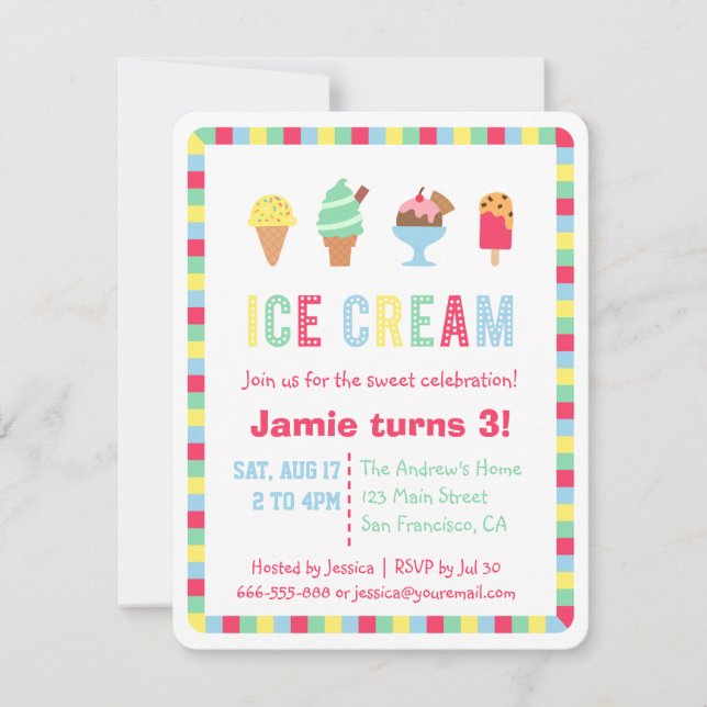 Colourful Ice Cream Summer Party Invitations (Front)