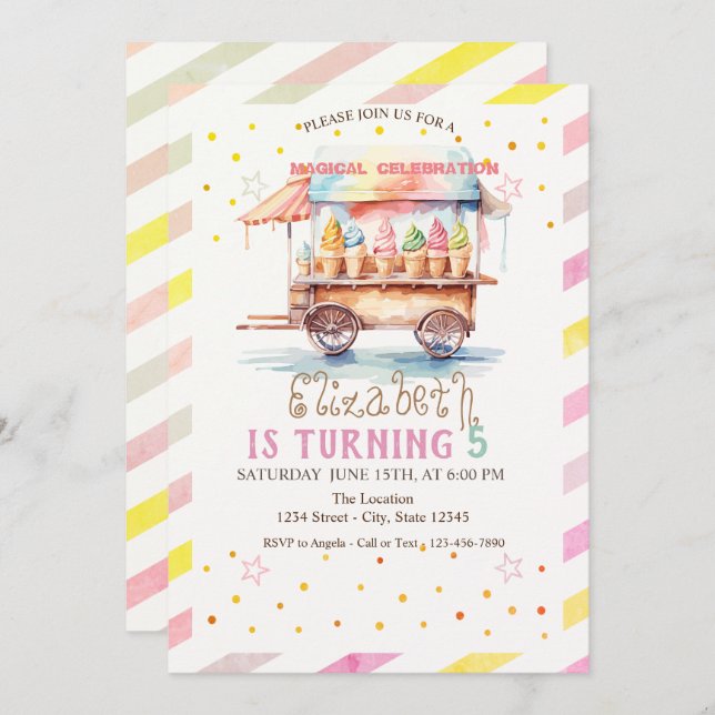 Colourful Ice Cream Truck Striped Birthday Invitation (Front/Back)