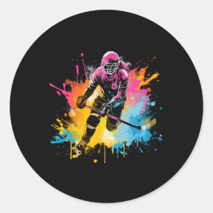 Colourful Ice Hockey Player Girl On Womens Ice Hoc Classic Round Sticker