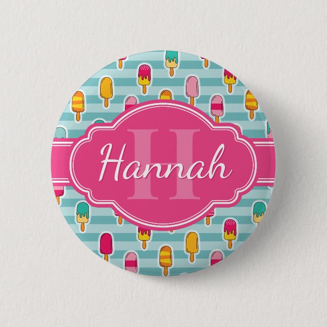 Colourful Ice Pop Pattern with Pink Monogram 6 Cm Round Badge (Front)