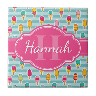 Colourful Ice Pop Pattern with Pink Monogram Ceramic Tile