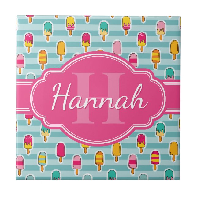 Colourful Ice Pop Pattern with Pink Monogram Ceramic Tile (Front)