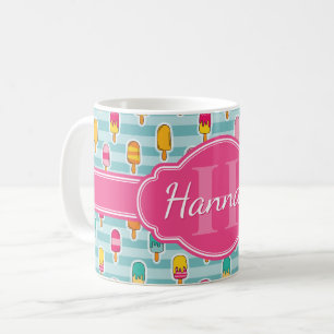 Colourful Ice Pop Pattern with Pink Monogram Coffee Mug