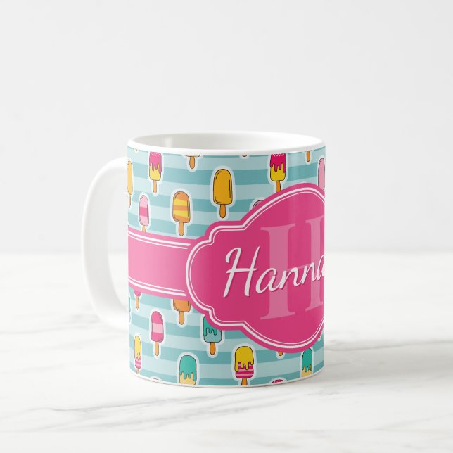 Colourful Ice Pop Pattern with Pink Monogram Coffee Mug (Front Left)