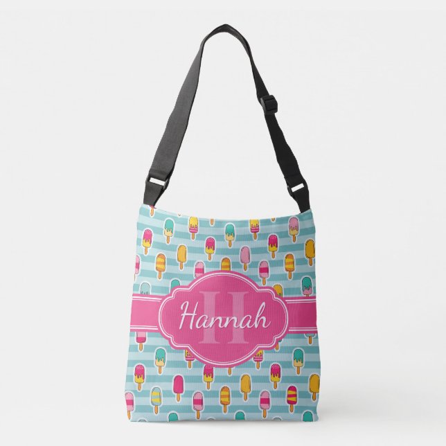 Colourful Ice Pop Pattern with Pink Monogram Crossbody Bag (Front)