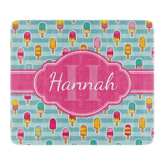 Colourful Ice Pop Pattern with Pink Monogram Cutting Board (Front)