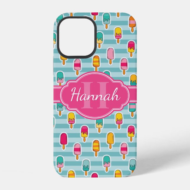 Colourful Ice Pop Pattern with Pink Monogram iPhone Case (Back)