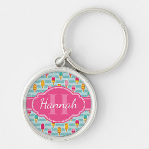 Colourful Ice Pop Pattern with Pink Monogram Key Ring