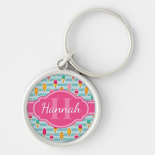 Colourful Ice Pop Pattern with Pink Monogram Key Ring (Front)