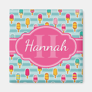 Colourful Ice Pop Pattern with Pink Monogram Magnet