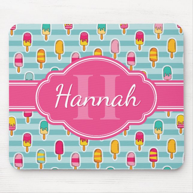Colourful Ice Pop Pattern with Pink Monogram Mouse Pad (Front)