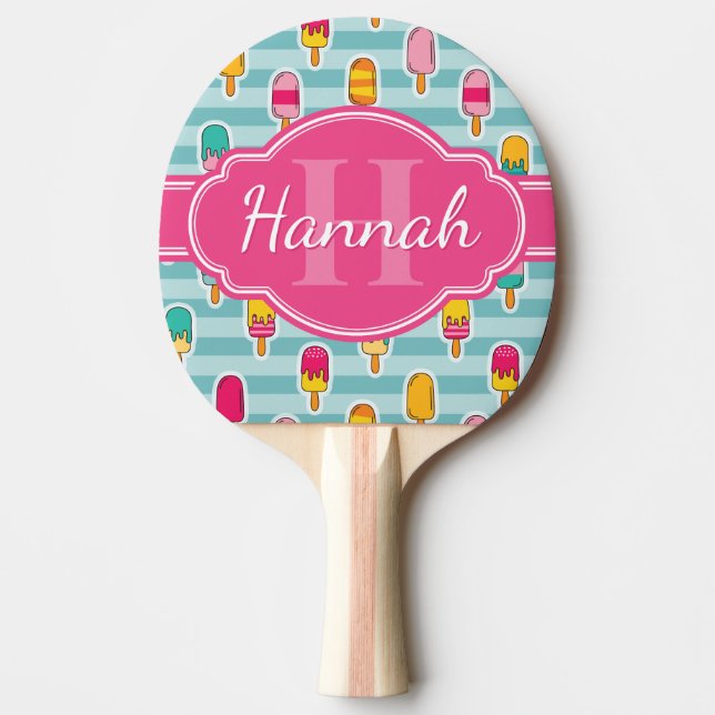 Colourful Ice Pop Pattern with Pink Monogram Ping Pong Paddle (Front)