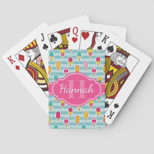 Colourful Ice Pop Pattern with Pink Monogram Playing Cards (Back)