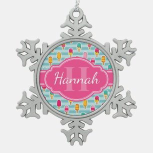 Colourful Ice Pop Pattern with Pink Monogram Snowflake Pewter Christmas Ornament