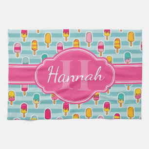 Colourful Ice Pop Pattern with Pink Monogram Tea Towel