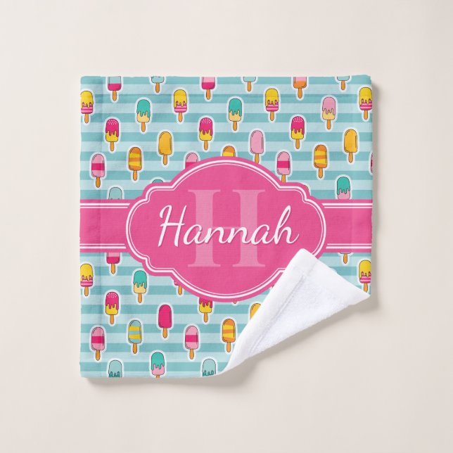 Colourful Ice Pop Pattern with Pink Monogram Wash Cloth (Wash Cloth)