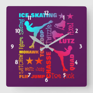 Colourful Ice Skating Theme Terminology Typography Square Wall Clock