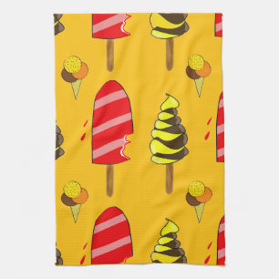 Colourful icecream on yellow background pattern tea towel