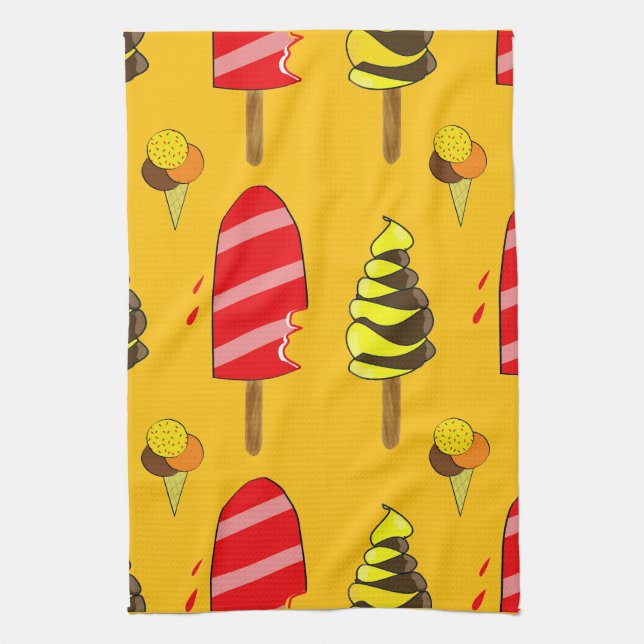 Colourful icecream on yellow background pattern tea towel (Vertical)