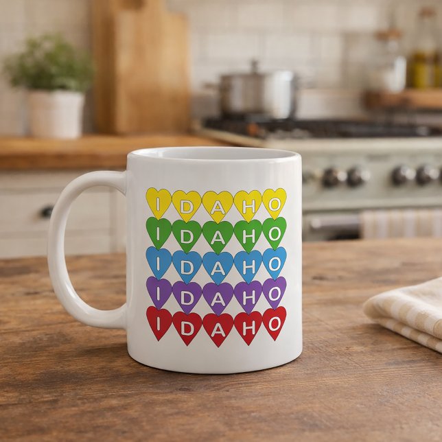 Colourful Idaho Heart Pattern Coffee Mug (A mug that says Idaho in a rainbow heart pattern)