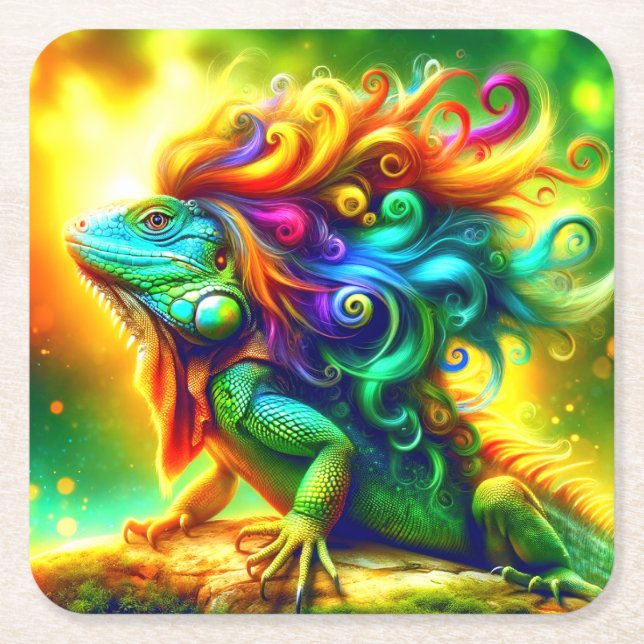 Colourful Iguana Square Paper Coaster (Front)