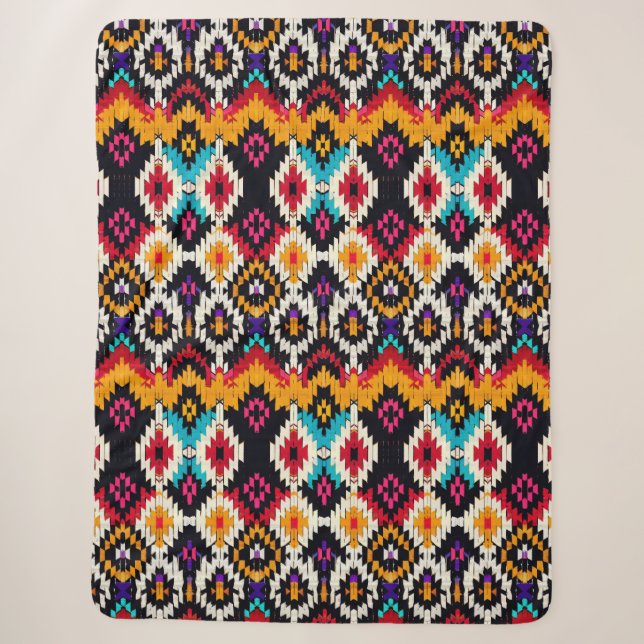 Colourful Ikat-Inspired Geometric Pattern Sherpa Blanket (Front)