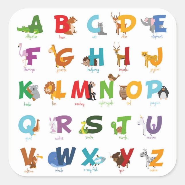 Colourful illustrated Animal Alphabet Letters Square Sticker (Front)