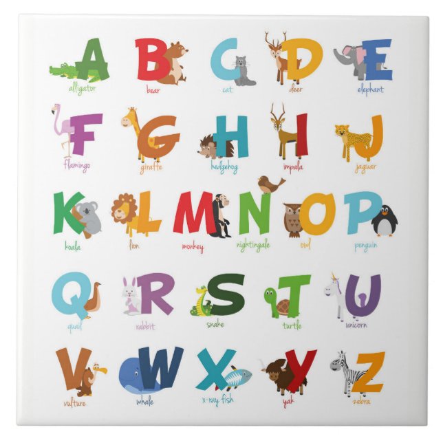 Colourful illustrated Animal Alphabet Letters Tile (Front)