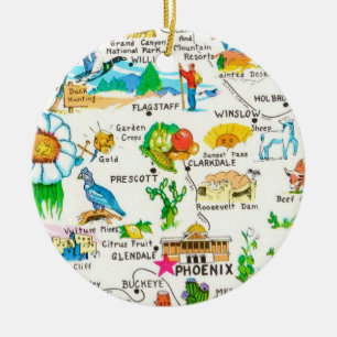 Colourful Illustrated Arizona Map Ceramic Ornament