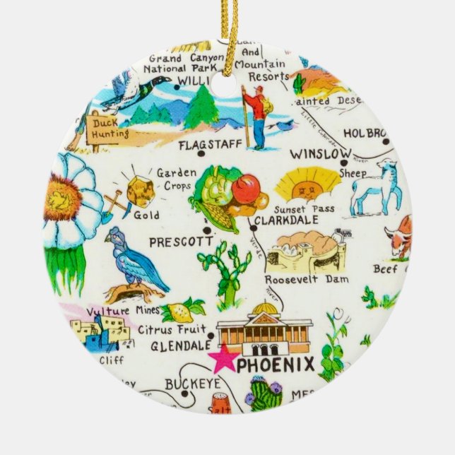 Colourful Illustrated Arizona Map Ceramic Ornament (Front)