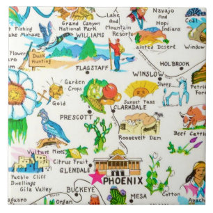 Colourful Illustrated Arizona Map  Ceramic Tile
