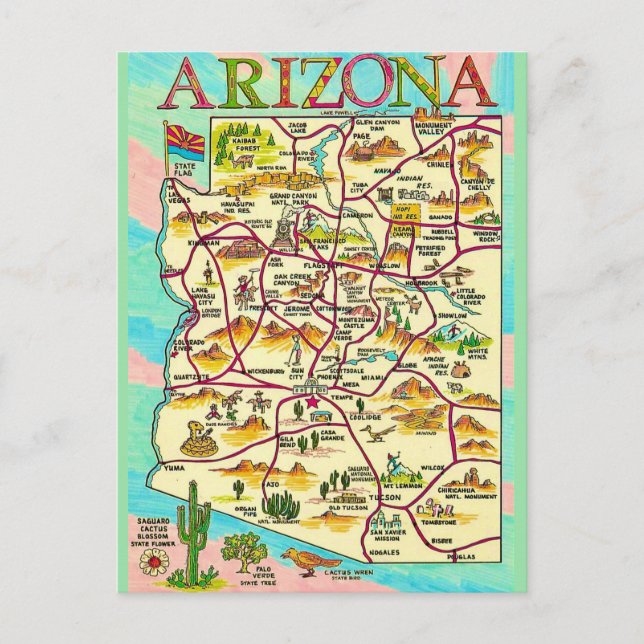 Colourful Illustrated Arizona Map Postcard (Front)