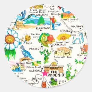 Colourful Illustrated Arizona Map Postcard Classic Round Sticker