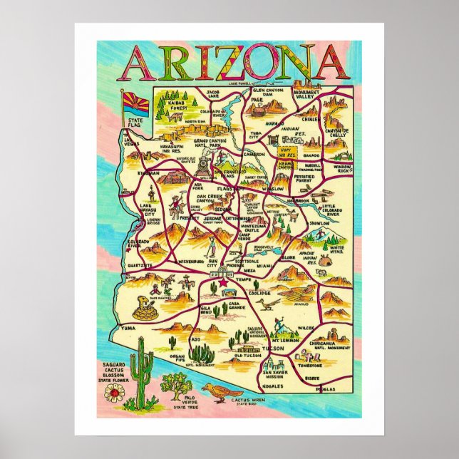 Colourful Illustrated Arizona Map Print (Front)