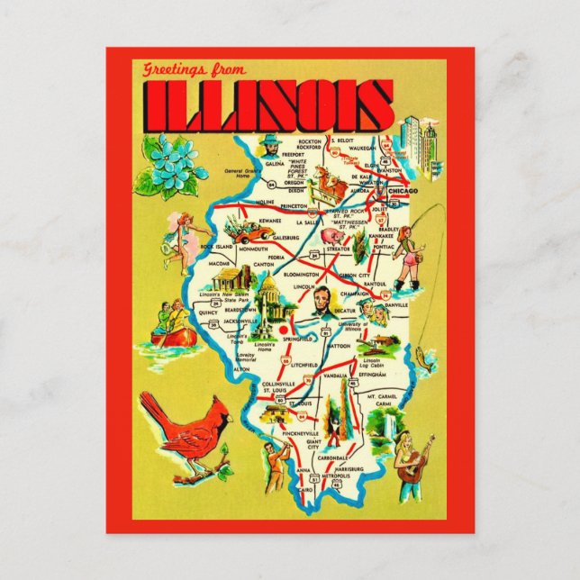 Colourful Illustrated  Illinois Map Postcard (Front)