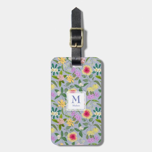 Colourful Illustrated Tropical Flowers Pattern Luggage Tag (Front Vertical)