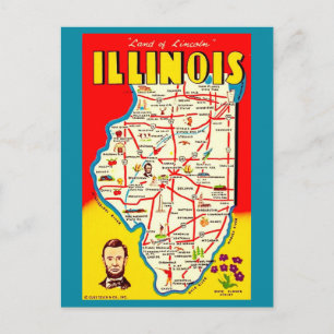 Colourful Illustrated Vintage Illinois Map Postcard