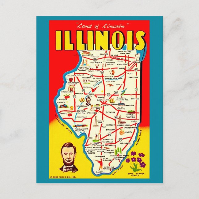 Colourful Illustrated Vintage Illinois Map Postcard (Front)