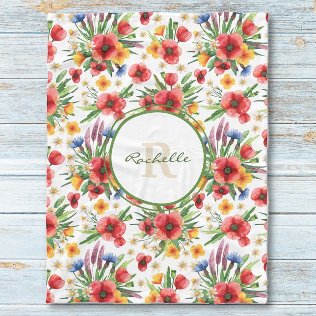 Colourful Illustrated Wildflowers, Poppies Pattern Fleece Blanket (Creator Uploaded)