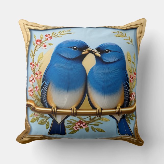 Colourful Illustration of Two Blue Birds Cushion (Front)