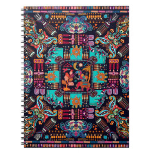 Colourful illustration with decorative animals and notebook