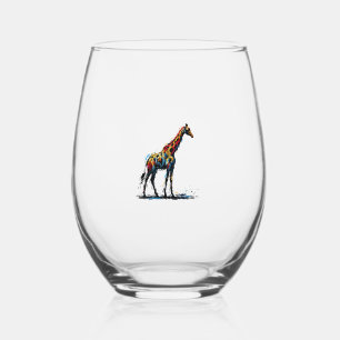 Colourful Impressionism Style Animal Lover Giraffe Stemless Wine Glass