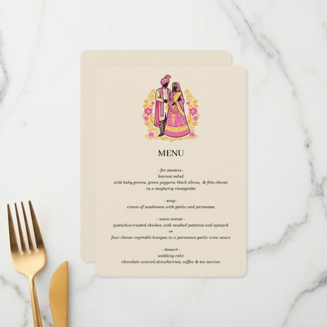 Colourful Indian Couple Menu (Front/Back In Situ)