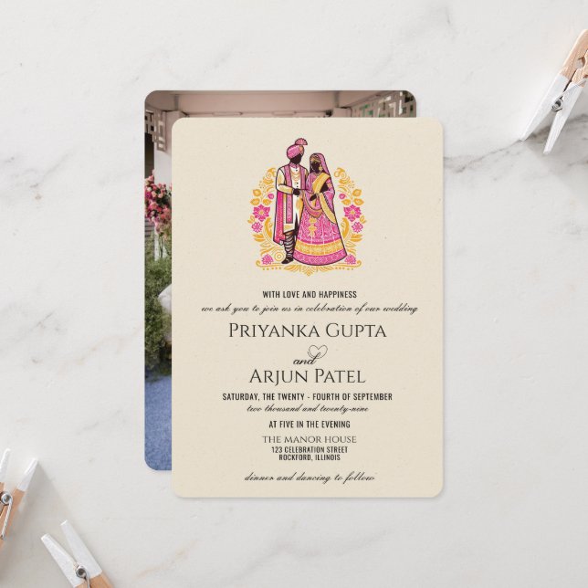 Colourful Indian Couple Wedding Invitation (Front/Back In Situ)