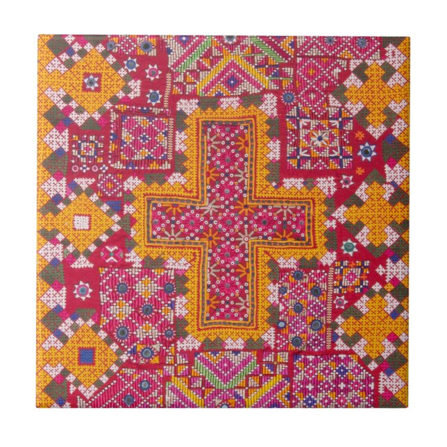 Colourful Indian Embroidery Print Ceramic Tile (Front)