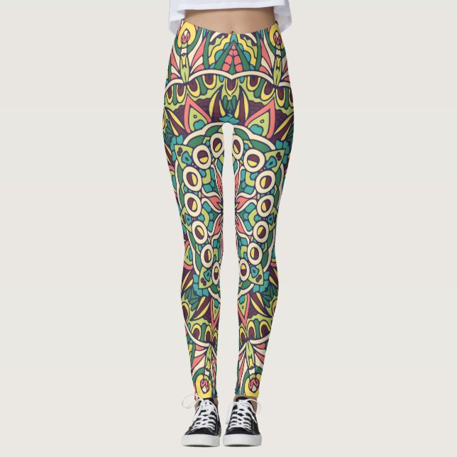 Colourful Indian Mexican Ethnic Oriental Rug Manda Leggings (Front)