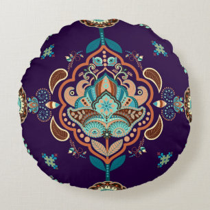 Colourful Indian Ornament, Geometric Border. Round Cushion