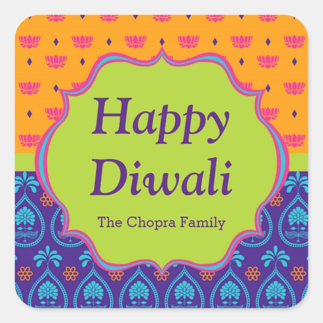 Colourful Indian Pattern Diwali Party Favour Square Sticker (Front)