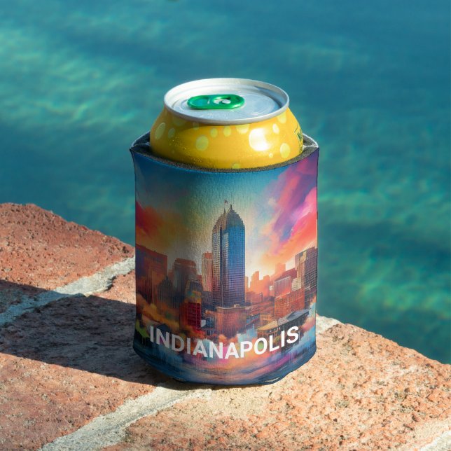 Colourful Indianapolis Skyline Abstract Art Can Cooler (In Situ Pool)