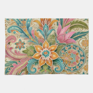 Colourful Indonesian Batik Floral Boho Rustic Tea Towel